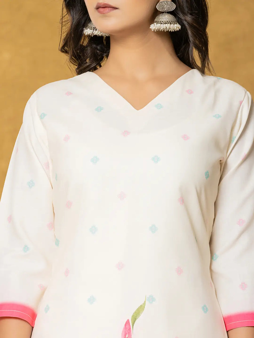 Yufta Cream Linen Floral Kurta Dupatta Pant Set | Grocsy