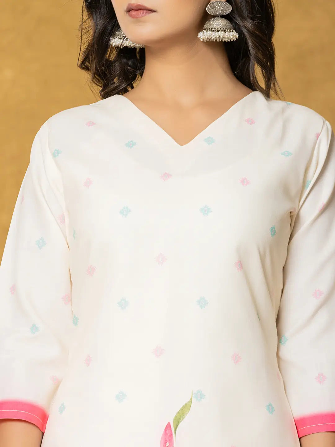 Yufta Cream Linen Floral Kurta Dupatta Pant Set | Grocsy