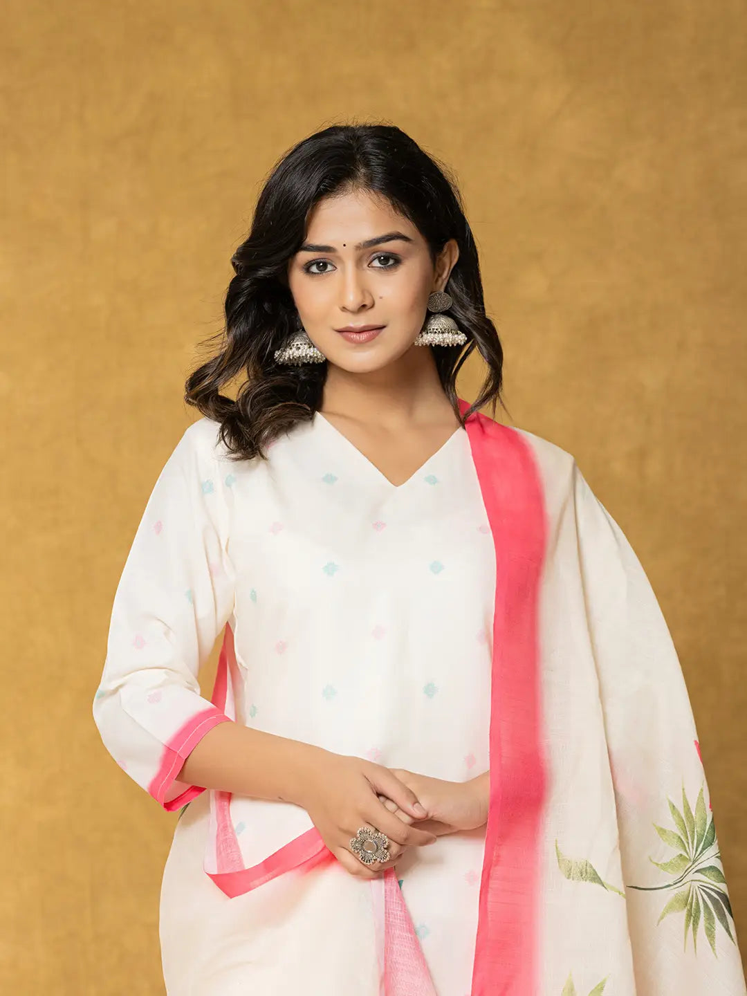 Yufta Cream Linen Floral Kurta Dupatta Pant Set | Grocsy