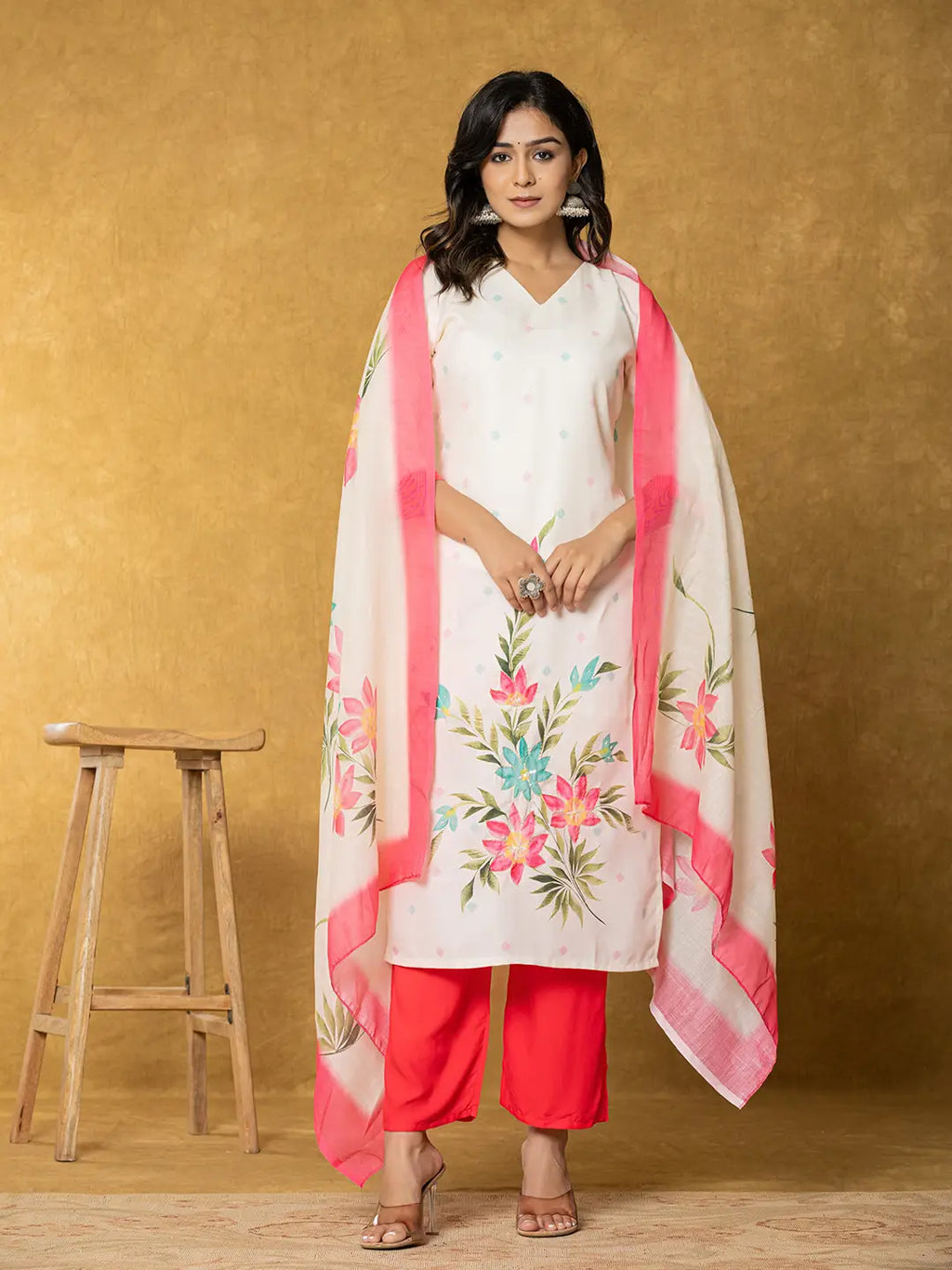 Yufta Cream Linen Floral Kurta Dupatta Pant Set | Grocsy
