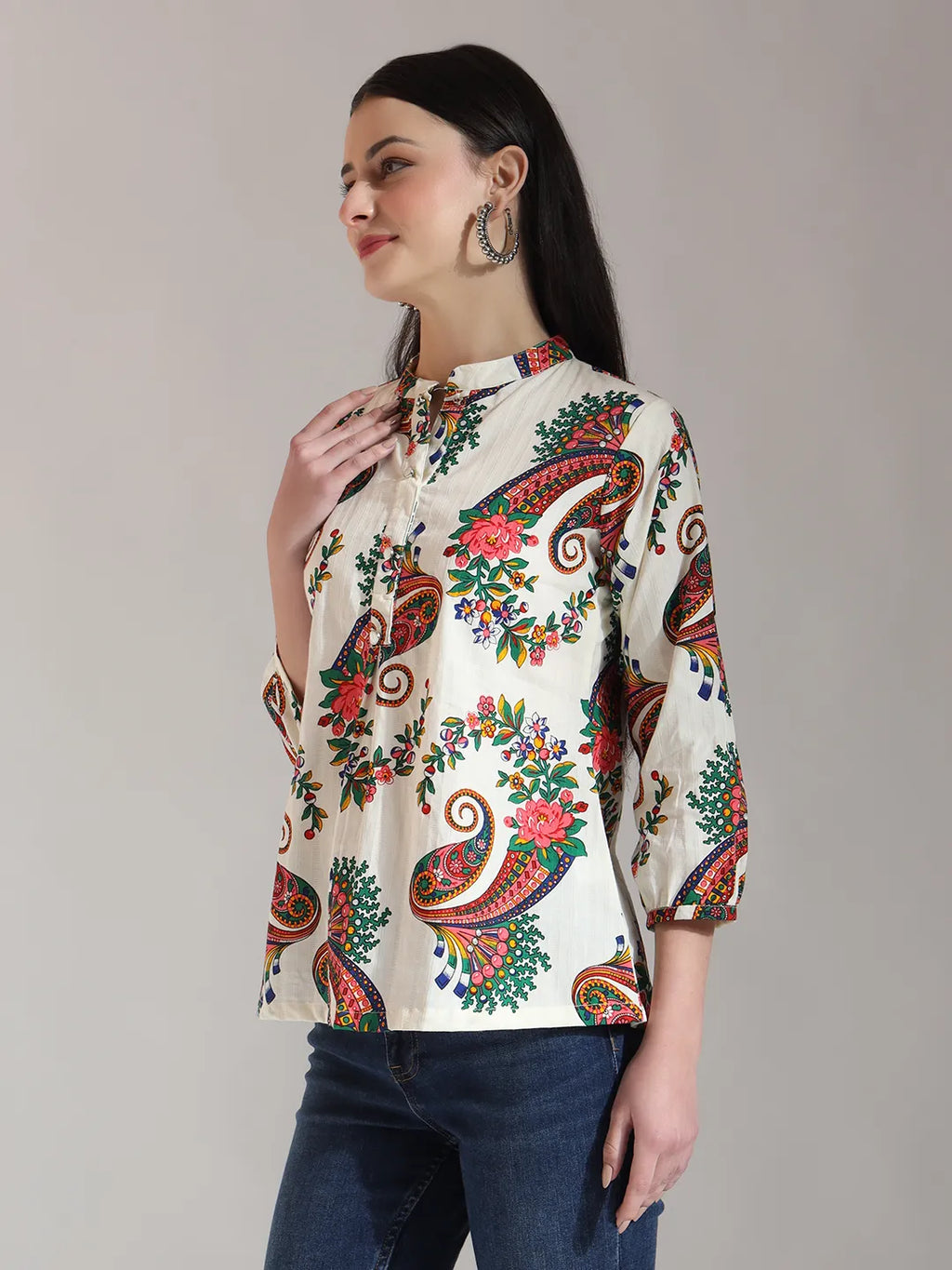 Yufta Cream Pure Cotton Paisley Peplum Top | Grocsy