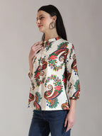 Yufta Cream Pure Cotton Paisley Peplum Top | Grocsy