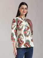 Yufta Cream Pure Cotton Paisley Peplum Top | Grocsy