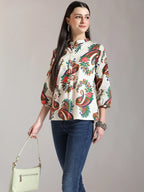 Yufta Cream Pure Cotton Paisley Peplum Top | Grocsy