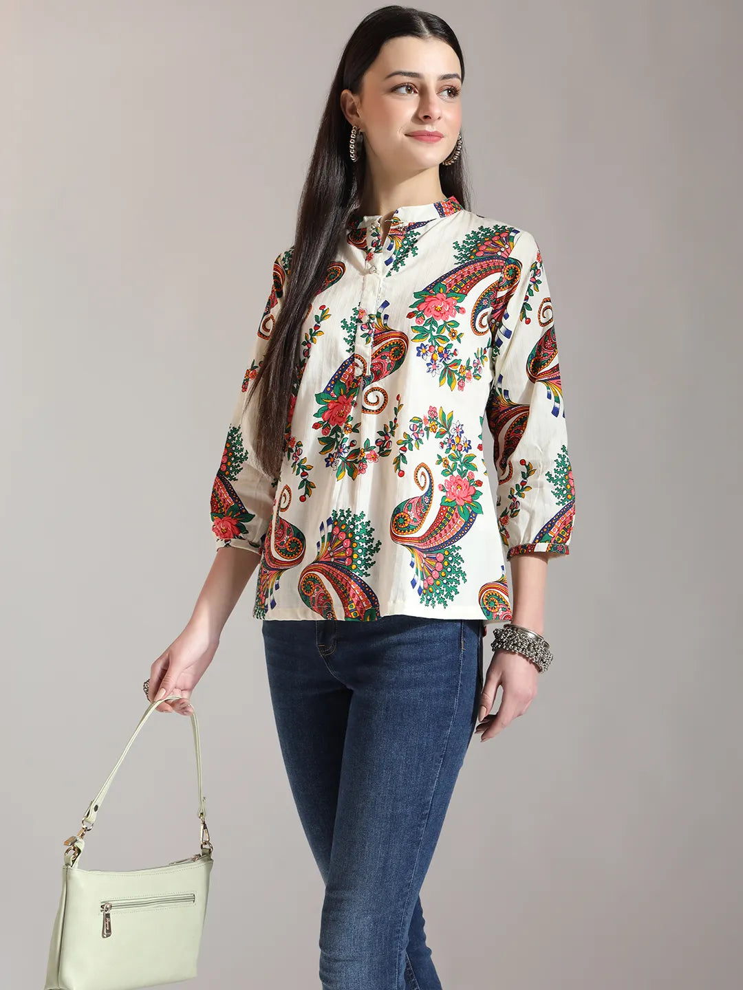 Yufta Cream Pure Cotton Paisley Peplum Top | Grocsy
