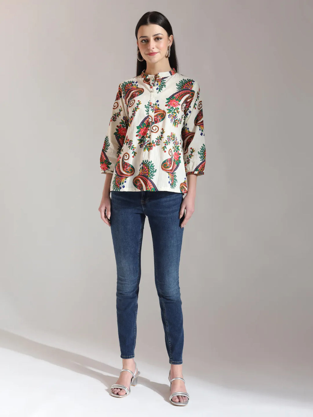 Yufta Cream Pure Cotton Paisley Peplum Top | Grocsy