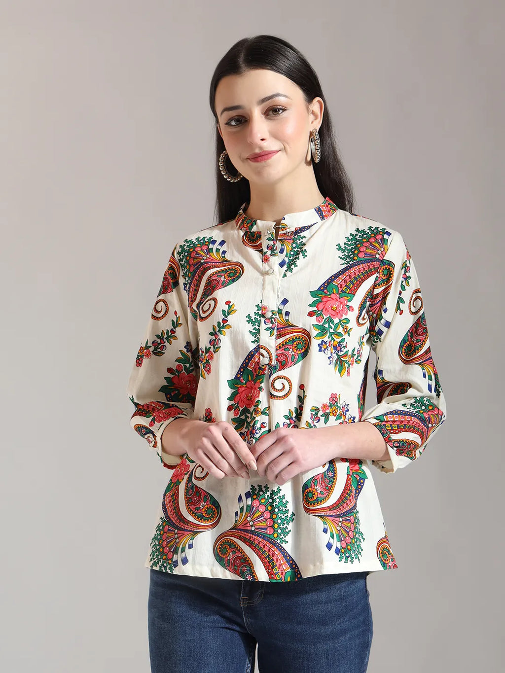 Yufta Cream Pure Cotton Paisley Peplum Top | Grocsy