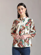 Yufta Cream Pure Cotton Paisley Peplum Top | Grocsy