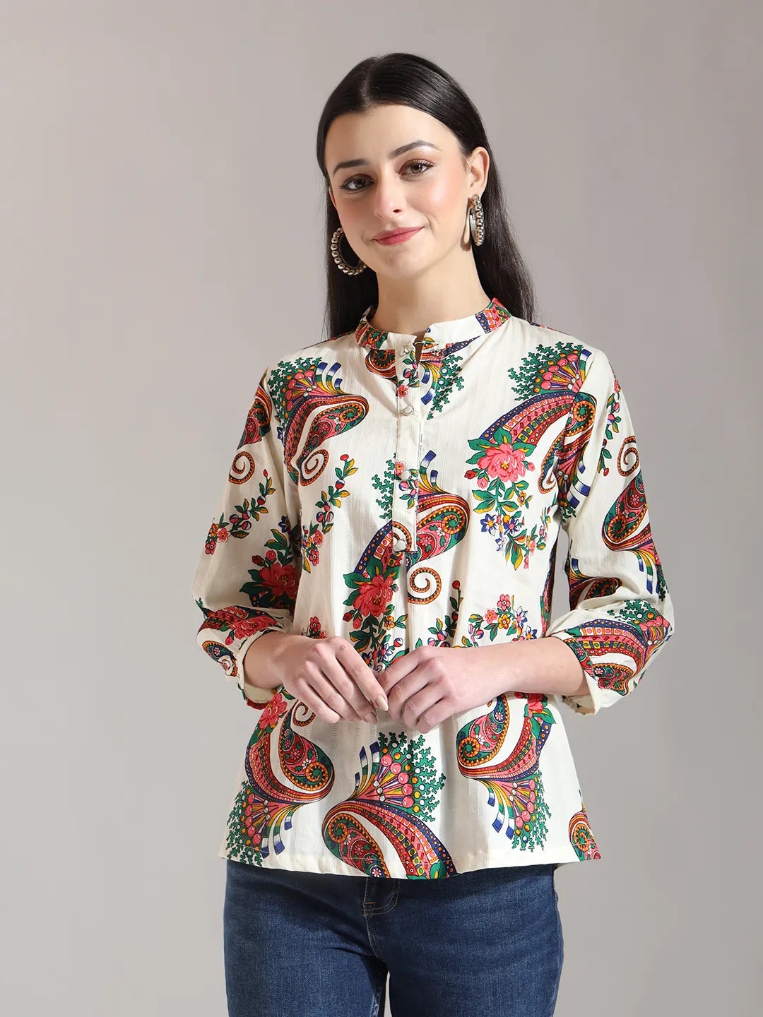 Yufta Cream Pure Cotton Paisley Peplum Top | Grocsy