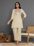 Yufta Cream Thread_Work Shirt And Trouser Silk Blend Co-Ord Set | Grocsy