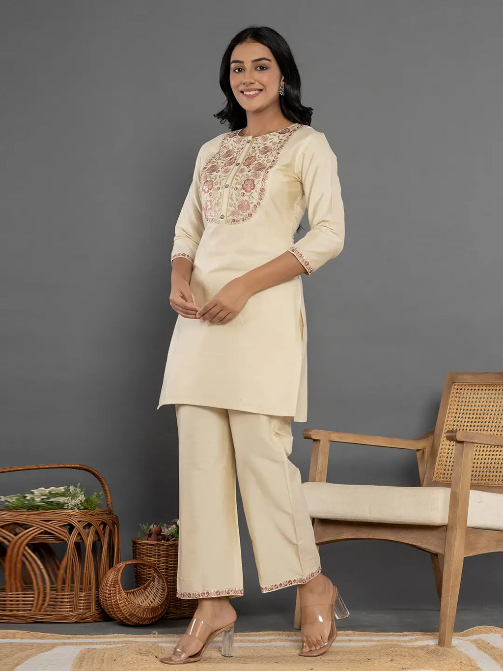 Yufta Cream Thread_Work Shirt And Trouser Silk Blend Co-Ord Set | Grocsy