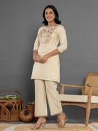 Yufta Cream Thread_Work Shirt And Trouser Silk Blend Co-Ord Set | Grocsy