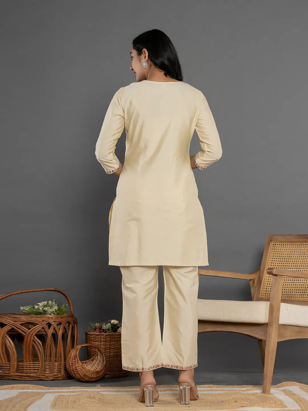 Yufta Cream Thread_Work Shirt And Trouser Silk Blend Co-Ord Set | Grocsy
