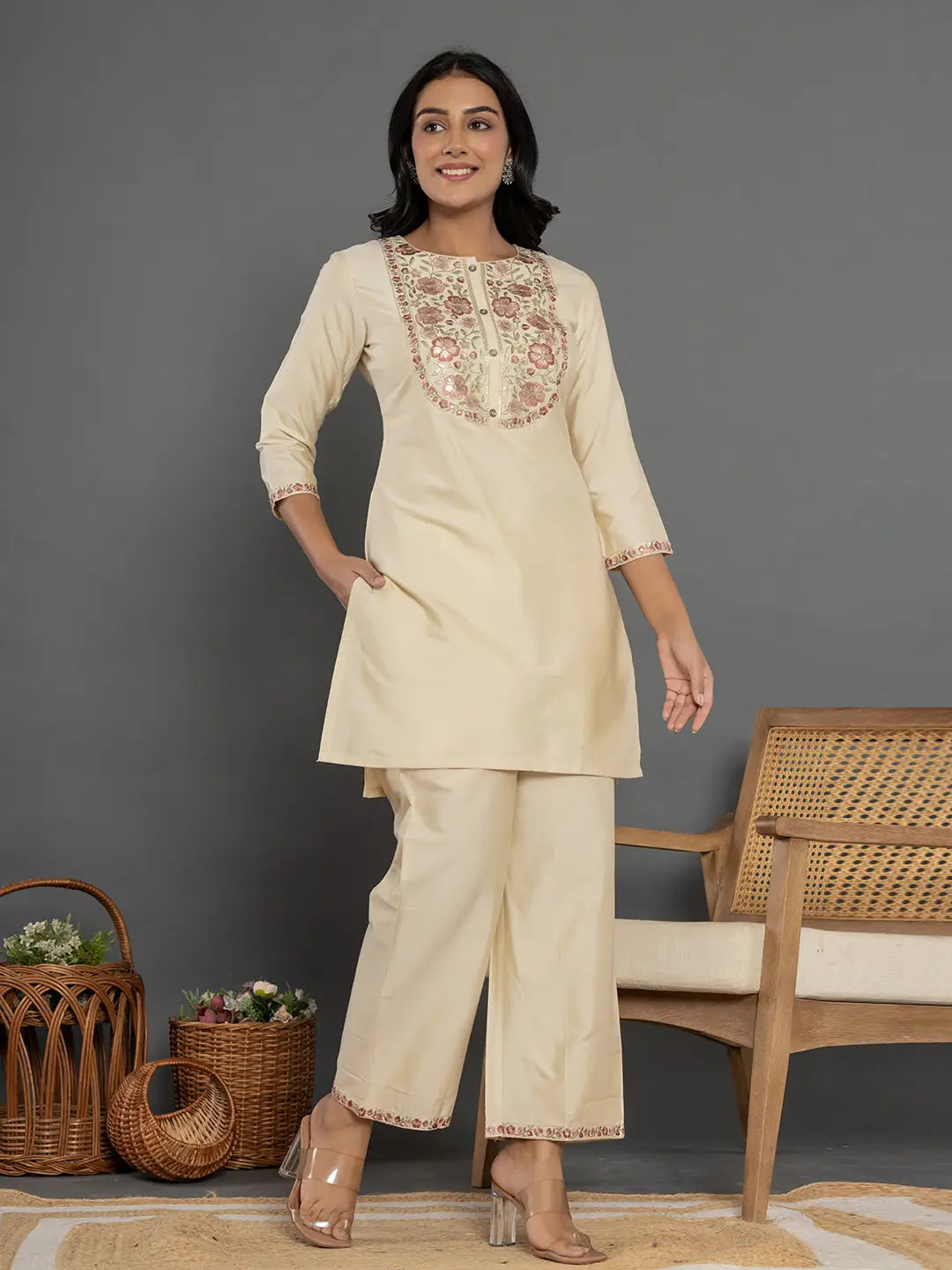 Yufta Cream Thread_Work Shirt And Trouser Silk Blend Co-Ord Set | Grocsy