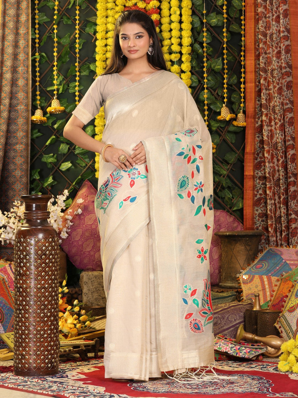 Anaita Cream Linen Cotton Woven Saree With Blouse | Grocsy