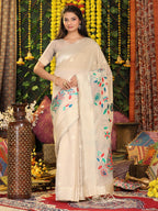 Anaita Cream Linen Cotton Woven Saree With Blouse | Grocsy