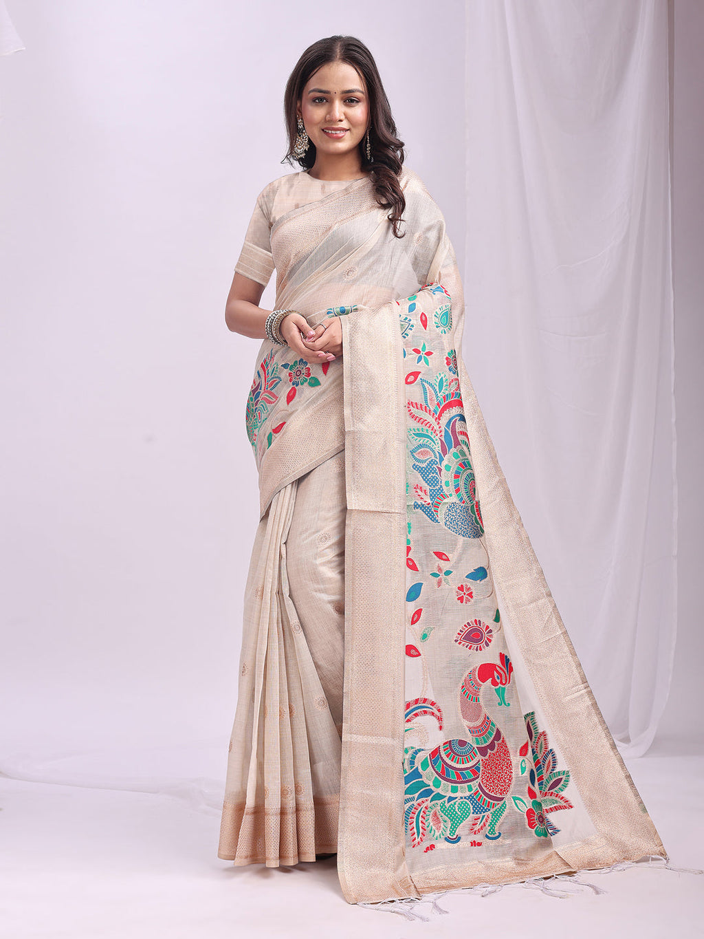 Anaita Cream Linen Cotton Woven Saree With Blouse | Grocsy