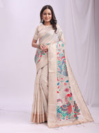 Anaita Cream Linen Cotton Woven Saree With Blouse | Grocsy