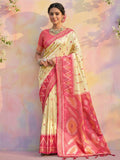 Anaita Cream Soft Silk Printed Saree With Blouse | Grocsy