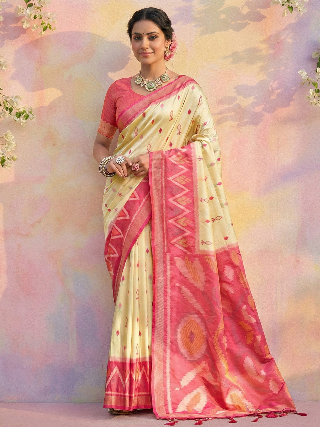 Anaita Cream Soft Silk Printed Saree With Blouse | Grocsy
