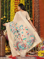 Anaita Cream Linen Cotton Woven Saree With Blouse | Grocsy