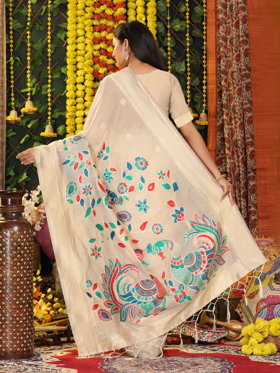 Anaita Cream Linen Cotton Woven Saree With Blouse | Grocsy
