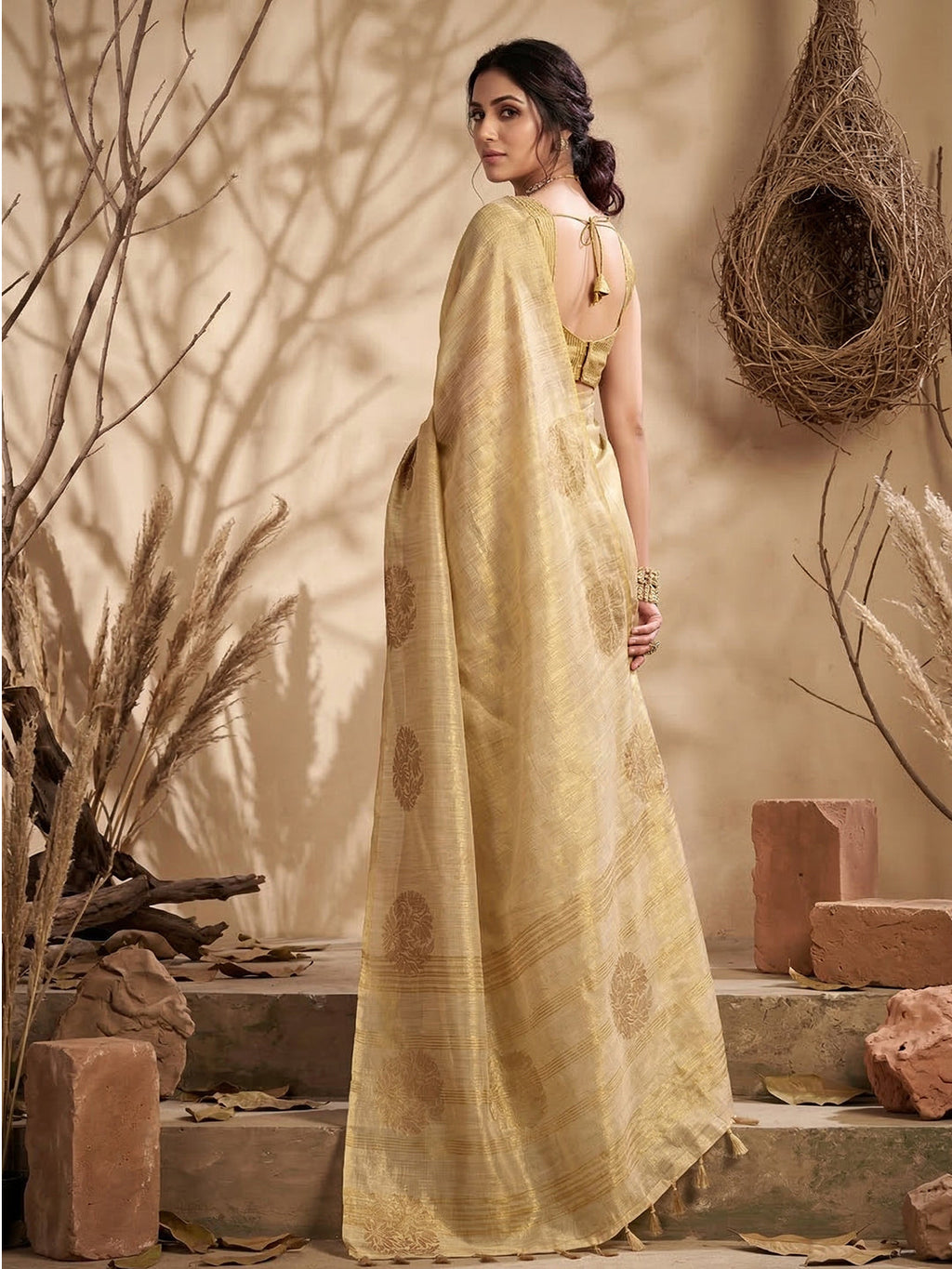 Anaita Cream Tissue Silk Woven Saree With Blouse | Grocsy