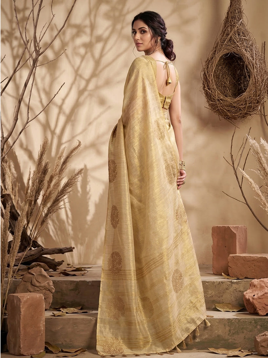Anaita Cream Tissue Silk Woven Saree With Blouse | Grocsy