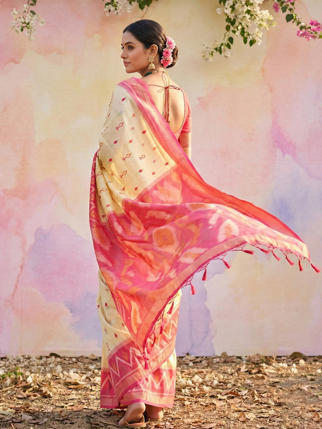 Anaita Cream Soft Silk Printed Saree With Blouse | Grocsy