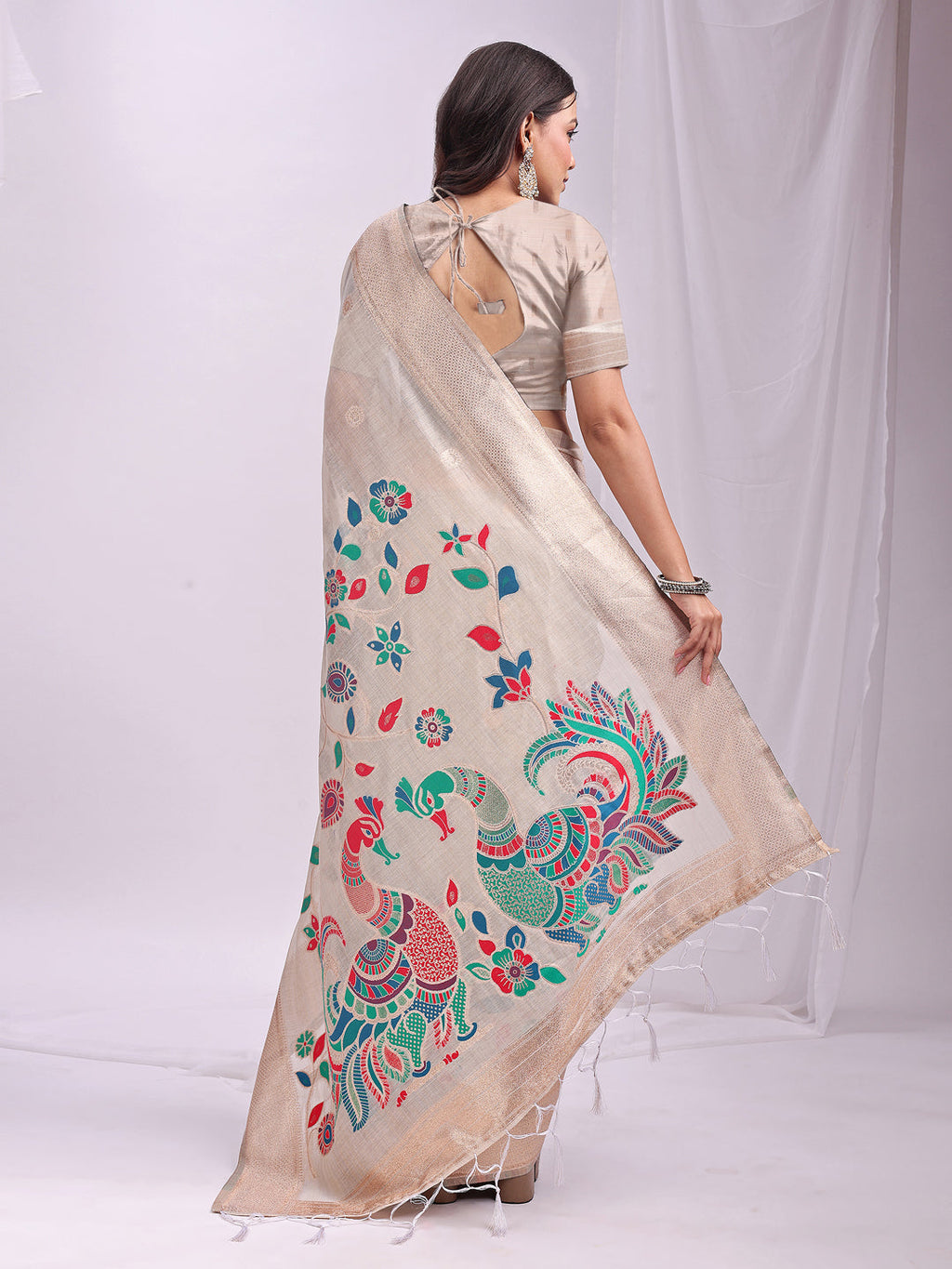 Anaita Cream Linen Cotton Woven Saree With Blouse | Grocsy