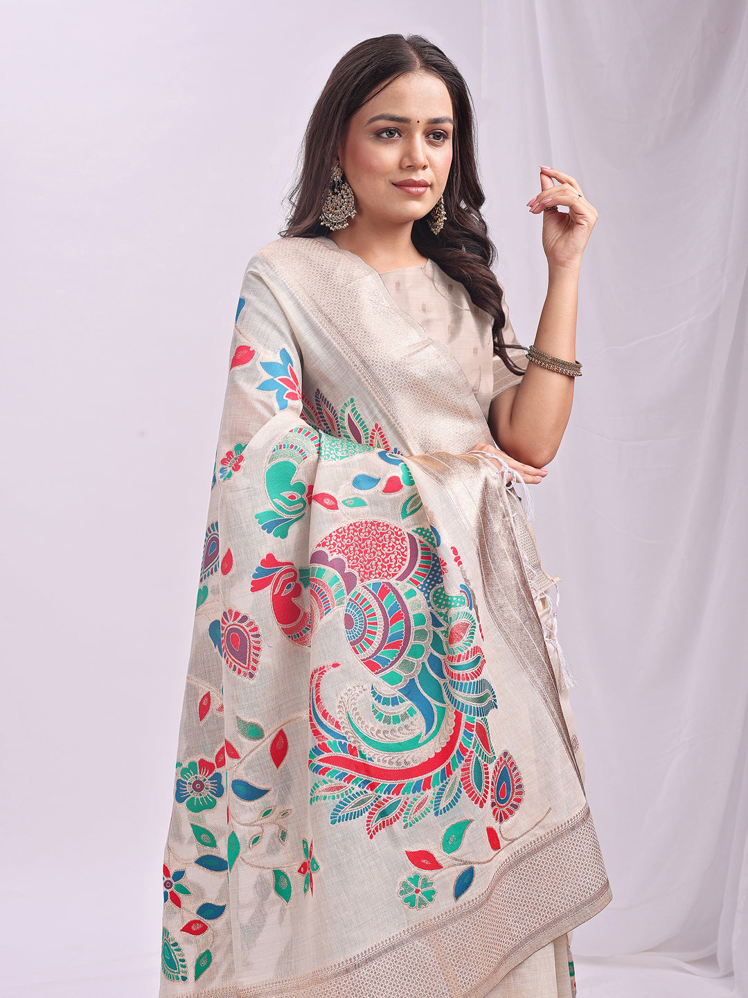 Anaita Cream Linen Cotton Woven Saree With Blouse | Grocsy