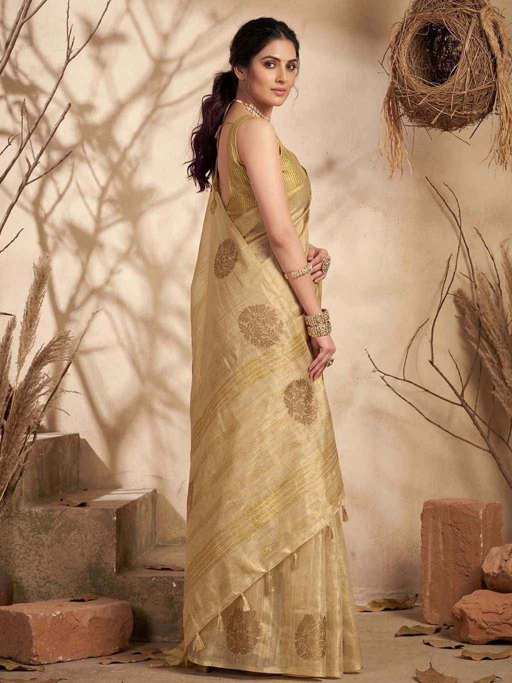 Anaita Cream Tissue Silk Woven Saree With Blouse | Grocsy
