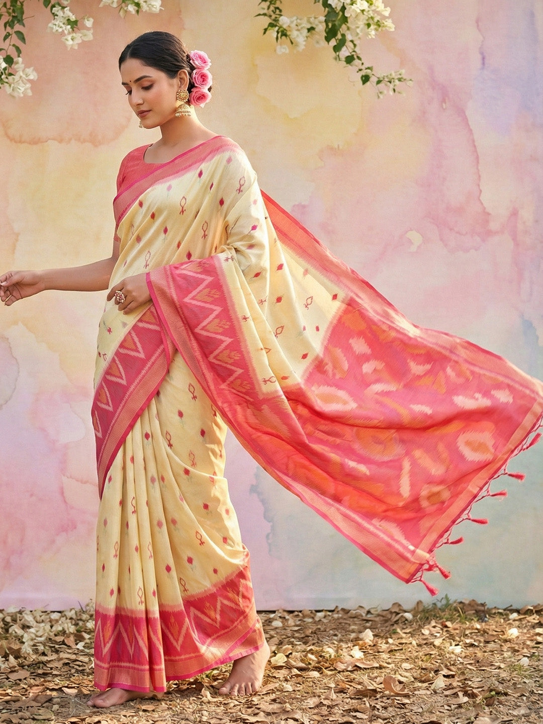 Anaita Cream Soft Silk Printed Saree With Blouse | Grocsy