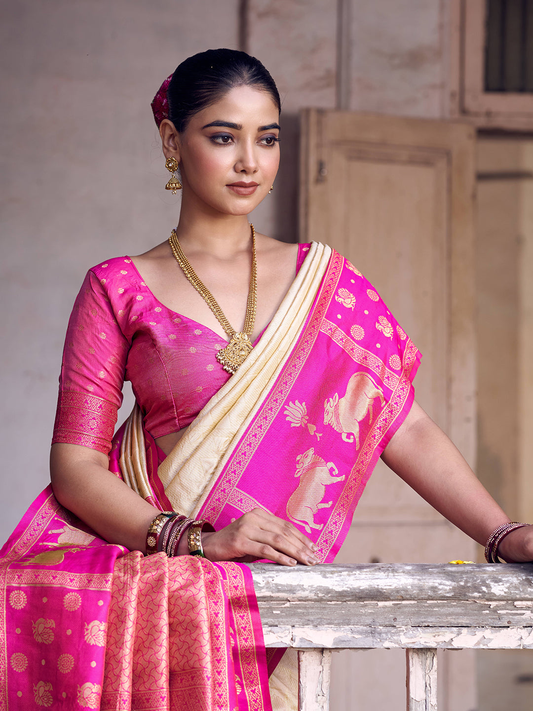 Anaita Cream Soft Silk Woven Saree With Blouse | Grocsy