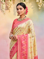 Anaita Cream Soft Silk Printed Saree With Blouse | Grocsy