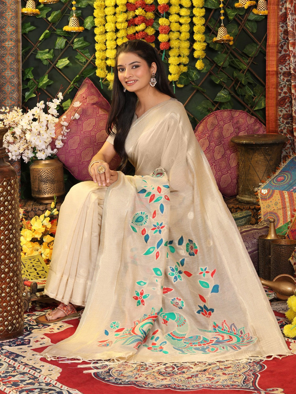 Anaita Cream Linen Cotton Woven Saree With Blouse | Grocsy