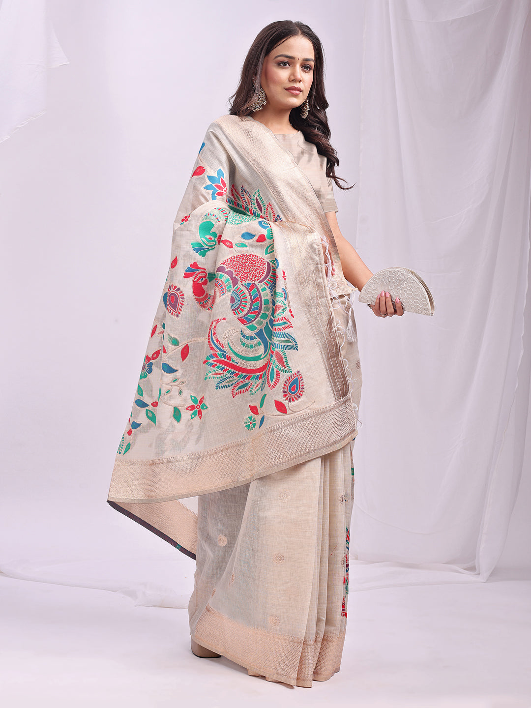 Anaita Cream Linen Cotton Woven Saree With Blouse | Grocsy