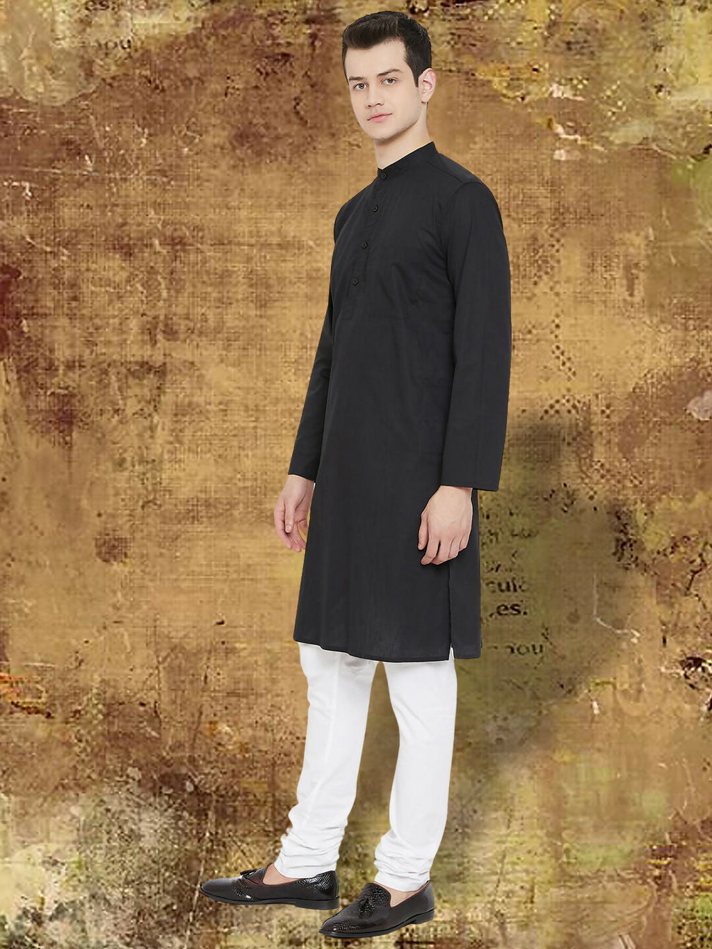 Even Apparels Men's Pure Cotton Black Kurta | Grocsy