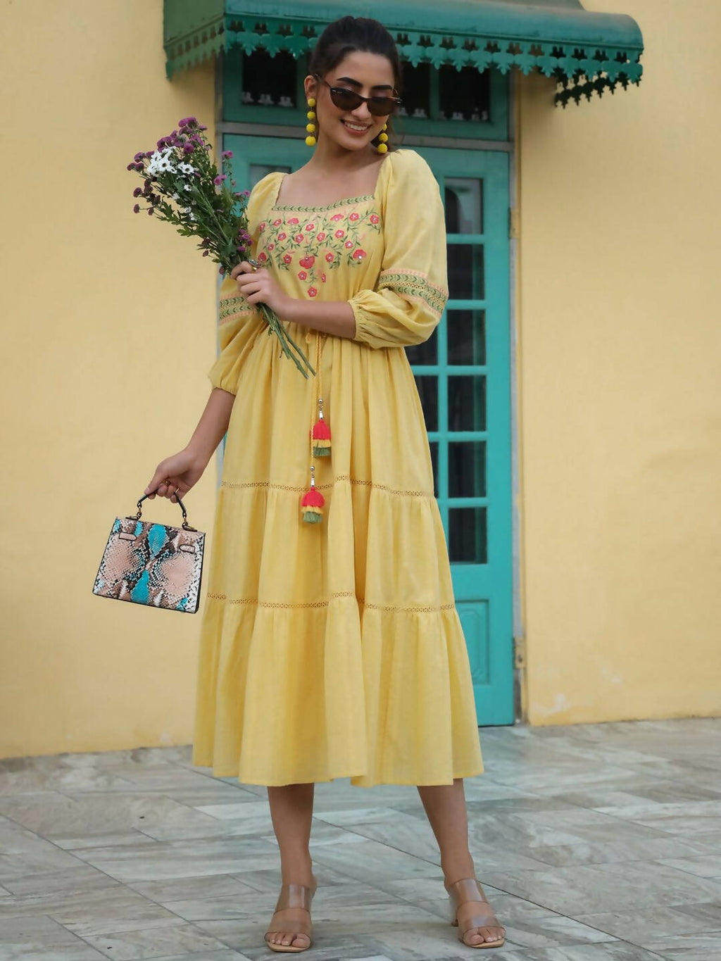 Juniper Women's Yellow Cotton Dobby Embroidered Flared Dress | Grocsy