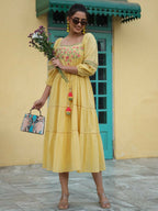 Juniper Women's Yellow Cotton Dobby Embroidered Flared Dress | Grocsy