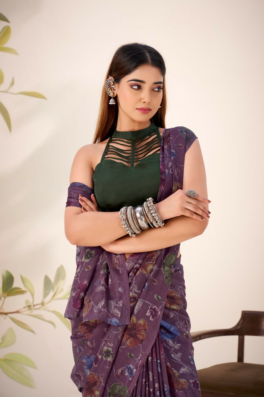 Vastranavya Wine Lurex Brasso Floral Printed Saree with Unstitched Blouse | Grocsy