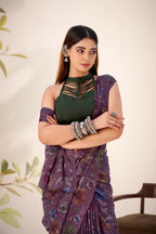 Vastranavya Wine Lurex Brasso Floral Printed Saree with Unstitched Blouse | Grocsy