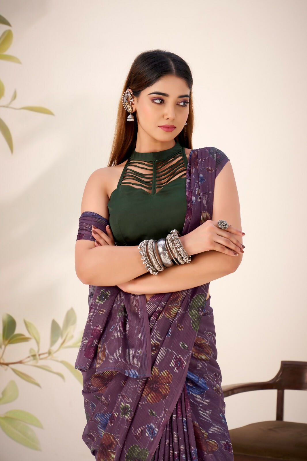 Vastranavya Wine Lurex Brasso Floral Printed Saree with Unstitched Blouse | Grocsy