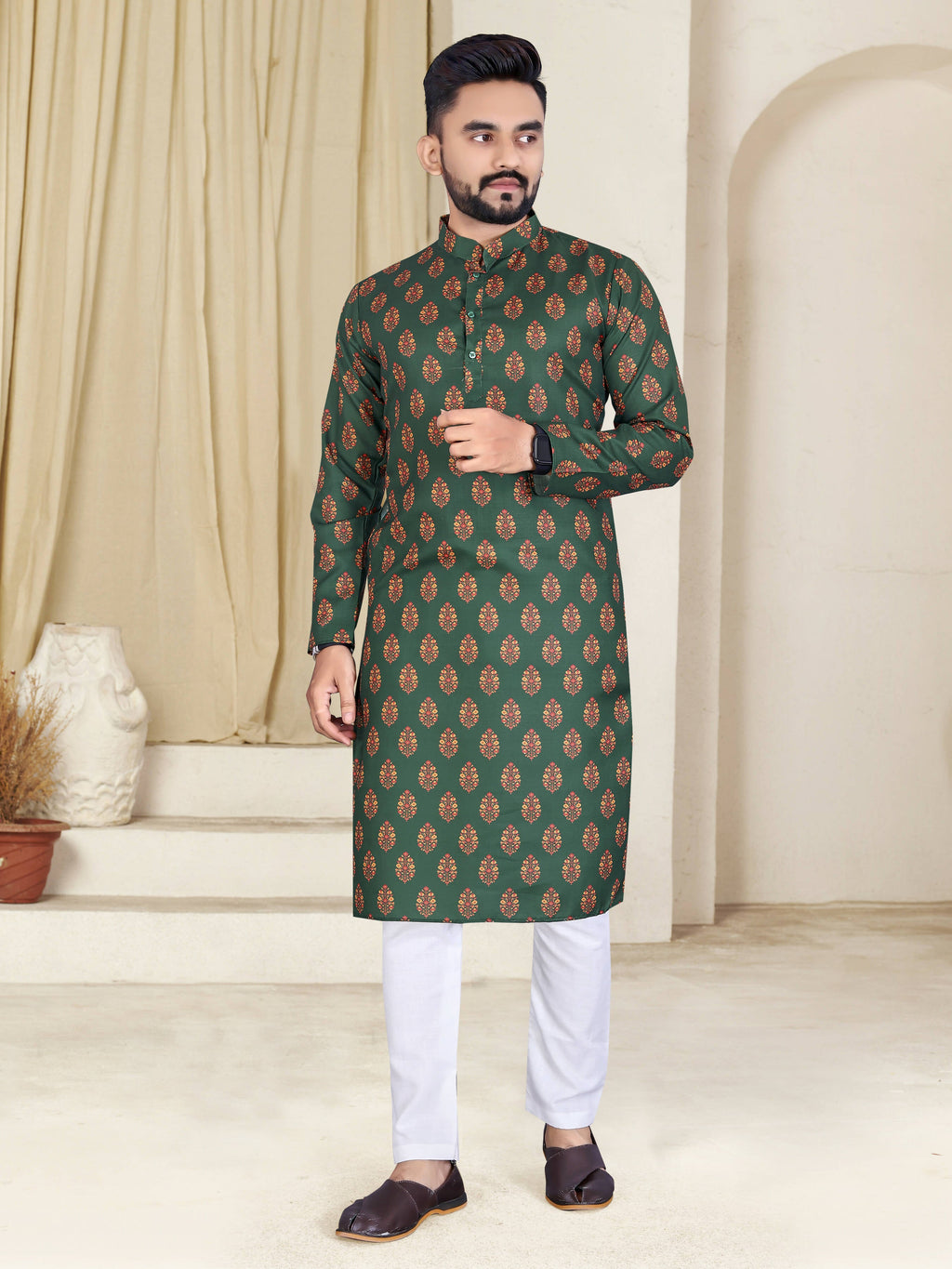 Mens Green Cotton Printed Kurta - Mahotsav | Grocsy
