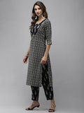 Yufta Women Black & Off-White Ethnic Motifs Printed Thread Work Cotton Kurta Set & Dupatta | Grocsy