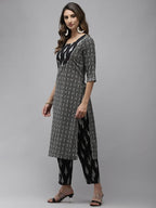 Yufta Women Black & Off-White Ethnic Motifs Printed Thread Work Cotton Kurta Set & Dupatta | Grocsy