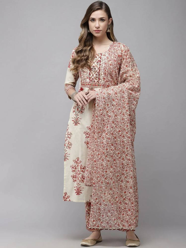 Yufta Women Off White printed Kurta with Trouser & With Dupatta | Grocsy