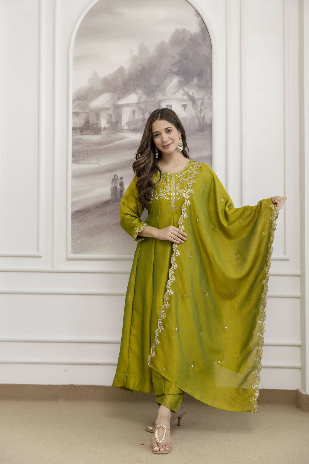 The52 Light Green Women's Beautiful Vichitra Silk Fabric Embroidered Work Flared Anarkali Pant and Dupatta Set | Grocsy