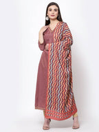 Myshka Women's Dark Pink Cotton Solid 3/4 Sleeve V Neck Casual Anarkali Kurta Dupatta Set | Grocsy