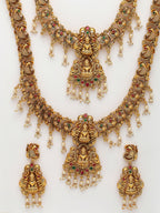 NVR Women's Set of 2 Gold-Polished Green & Red Stone Studded Lakshmi Design Temple Jewellery Set | Grocsy